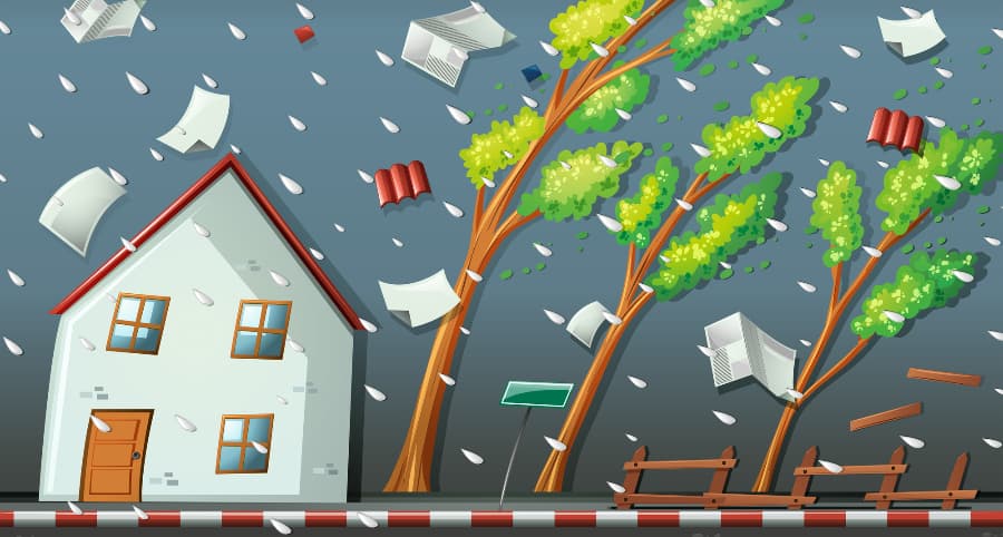 Graphic of a storm impacting a home and the immediate surroundings
